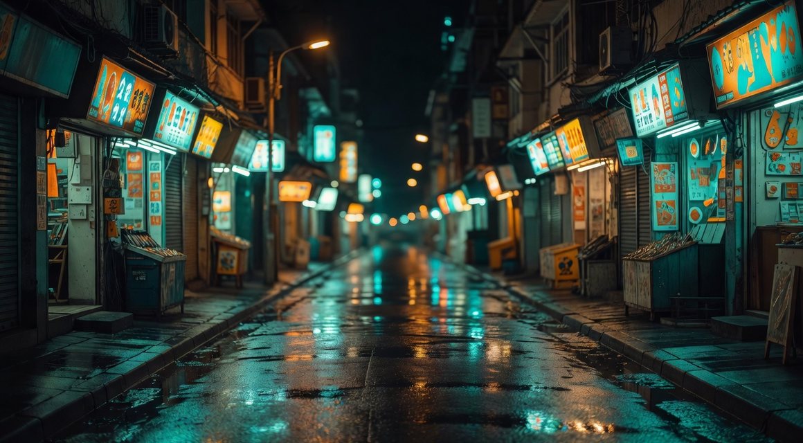 밀집한 소규모 점포 거리 야경 이미지 — 안산 원곡동 안내